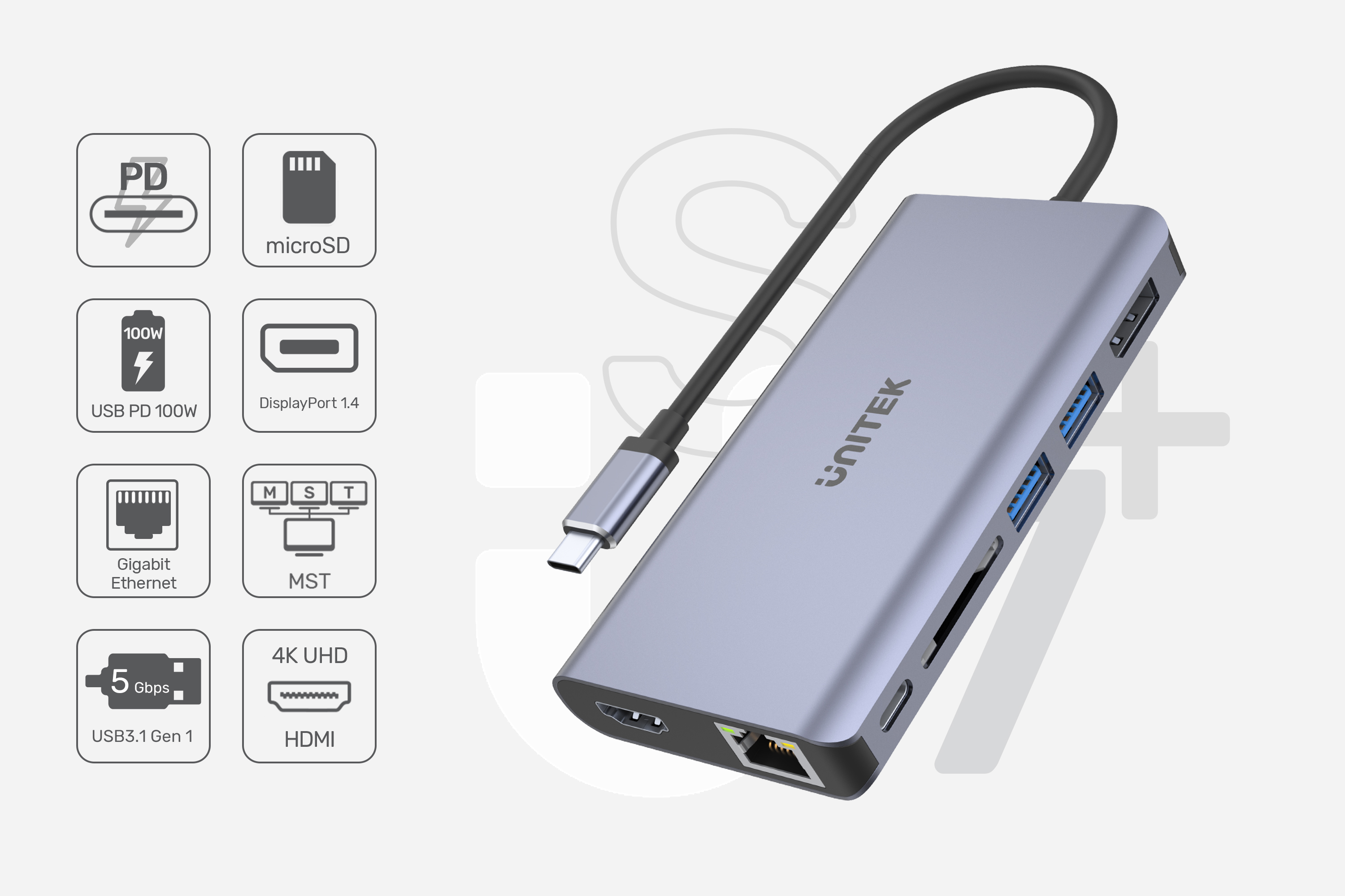 Możliwości huba Unitek: microSD, USB, DisplayPort, HDMI