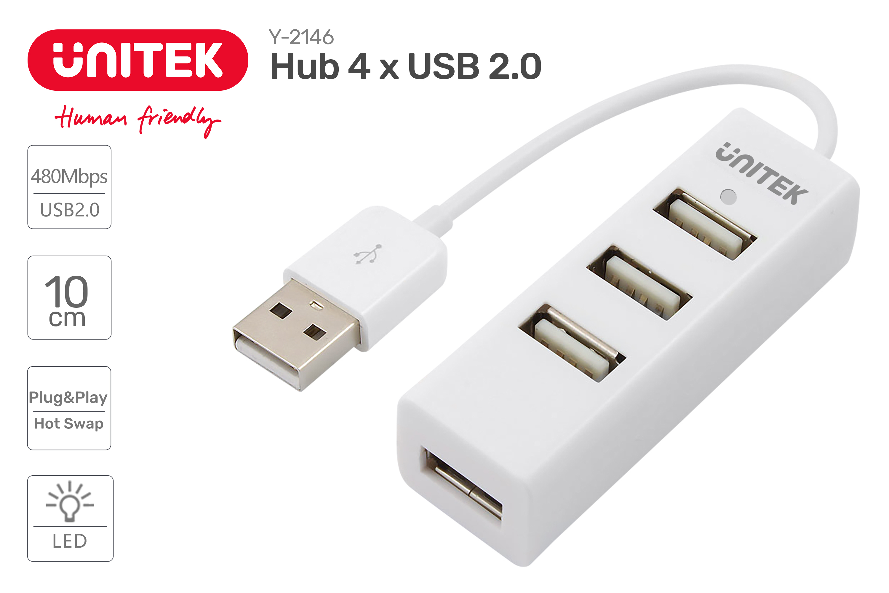 Hub Unitek Y-2146, cztery wejścia USB 2.0 mini w kolorze białym, przewód 10 cm